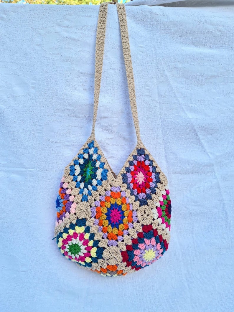 Granny Square Brown Bag, Crochet Bag Afghan, Summer Beach Bag, Hobo Bag, Crochet Purse, Retro Bag, Hippie Bag, Bohemian Bag Vintage Style