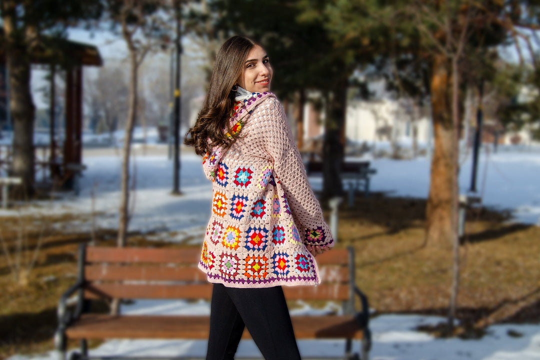 Ready to ship Pink Knitted Granny Square Cardigan, Crochet cardigan, Crochet Women Cotton Afghan Coat, Knit Jacket, Boho Crochet Jacket