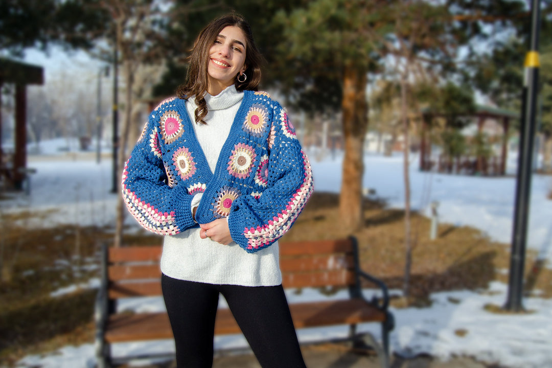 Blue Crochet Jacket, Granny Square Sweater, Knit Patchwork Coat, Knitted Crochet Cardigan, Boho Cardigan, Women Dress