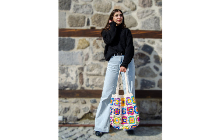 Crochet Bag Afghan, Granny Square Ecru Bag, Hobo Bag, Boho Bag, Crochet Purse, Retro Bag, Hippie Bag, Afgan Crochet, Vintage Style