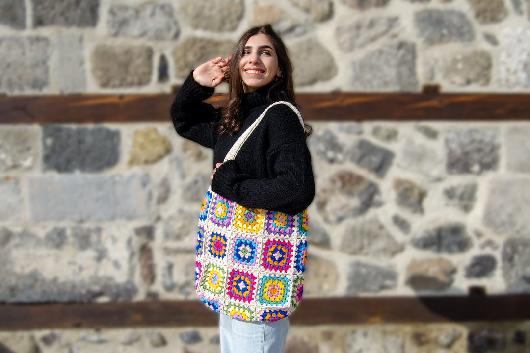 Crochet Bag Afghan, Granny Square Ecru Bag, Hobo Bag, Boho Bag, Crochet Purse, Retro Bag, Hippie Bag, Afgan Crochet, Vintage Style