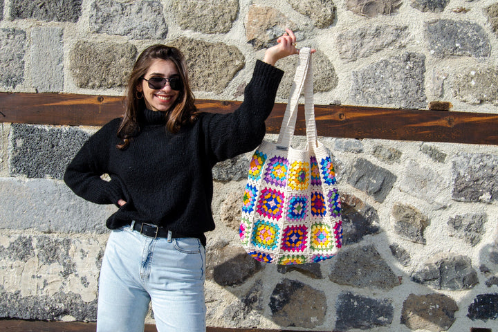 Crochet Bag Afghan, Granny Square Ecru Bag, Hobo Bag, Boho Bag, Crochet Purse, Retro Bag, Hippie Bag, Afgan Crochet, Vintage Style