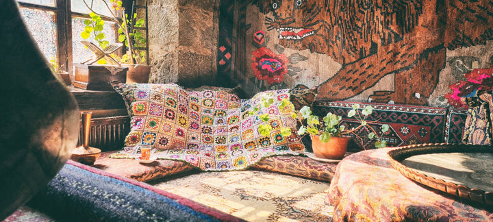 Granny Square Afghan Blanket, Crochet Daisy Afghan Blanket, Knit Bedspread Throw, Knitted sofa blanket, large tv blanket, vintage blanket