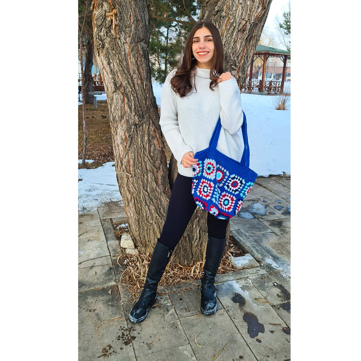 Ready to ship Crochet Blue Large Bag, Granny Square Afghan Bag, Crochet Purse, Women Bag, Knit Blue Bag, Market Bag, Gift For Her