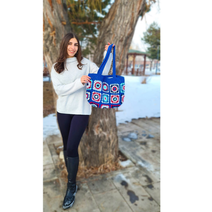 Ready to ship Crochet Blue Large Bag, Granny Square Afghan Bag, Crochet Purse, Women Bag, Knit Blue Bag, Market Bag, Gift For Her