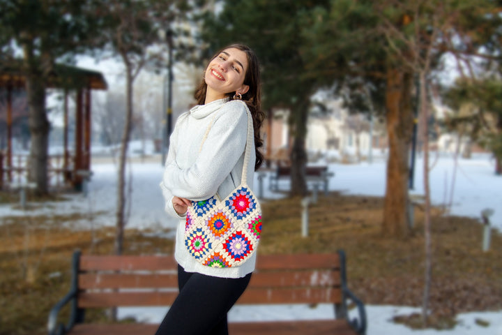 Granny Square White Bag, Crochet Bag Afghan, Summer Beach Bag, Hobo Bag, Crochet Purse, Retro Bag, Hippie Bag, Bohemian Bag Vintage Style