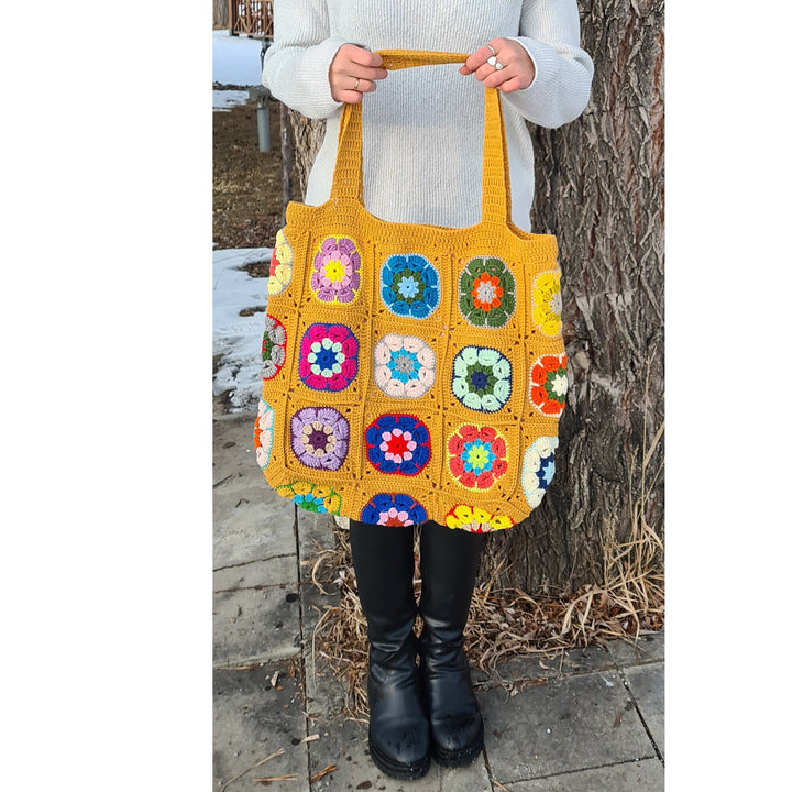 Crochet Daisy Bag, Mustard Yellow Granny Square Bag, Crochet Afghan Bag, Boho Bag, Crochet Purse, Hippie Bag,Afgan Crochet, Vintage Style