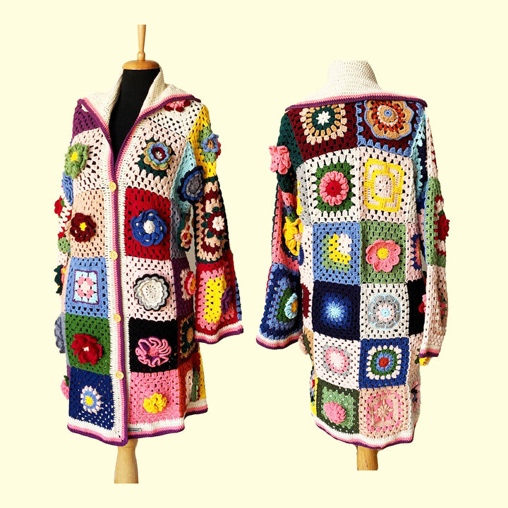 Flowers Patchwork Jacket, Granny Square Afghan Cardigan, Knitted Crochet Coat, Festival Jacket, Boho Cardigan, Long Oversized Cardigan