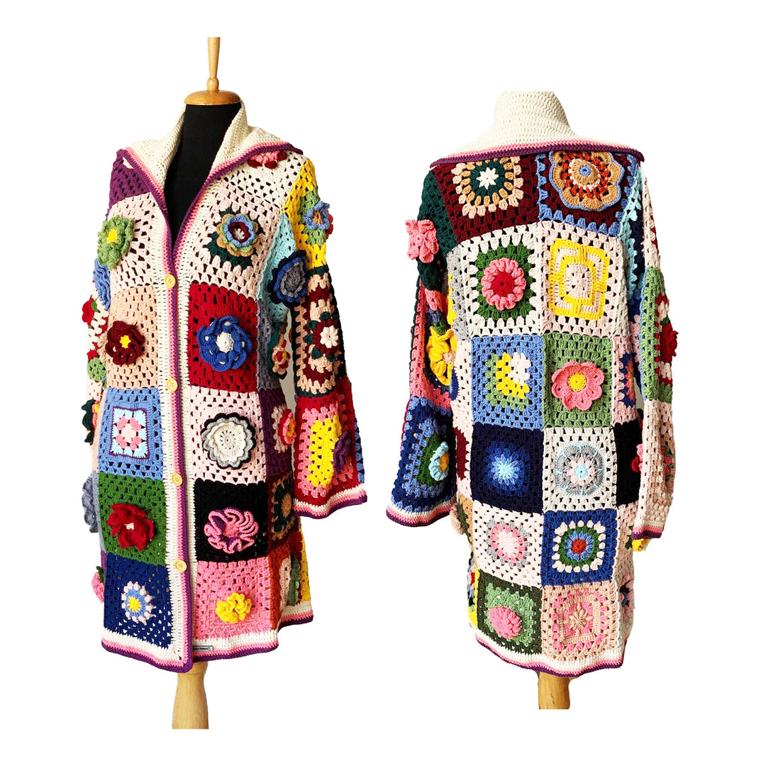 Flowers Patchwork Jacket, Granny Square Afghan Cardigan, Knitted Crochet Coat, Festival Jacket, Boho Cardigan, Long Oversized Cardigan