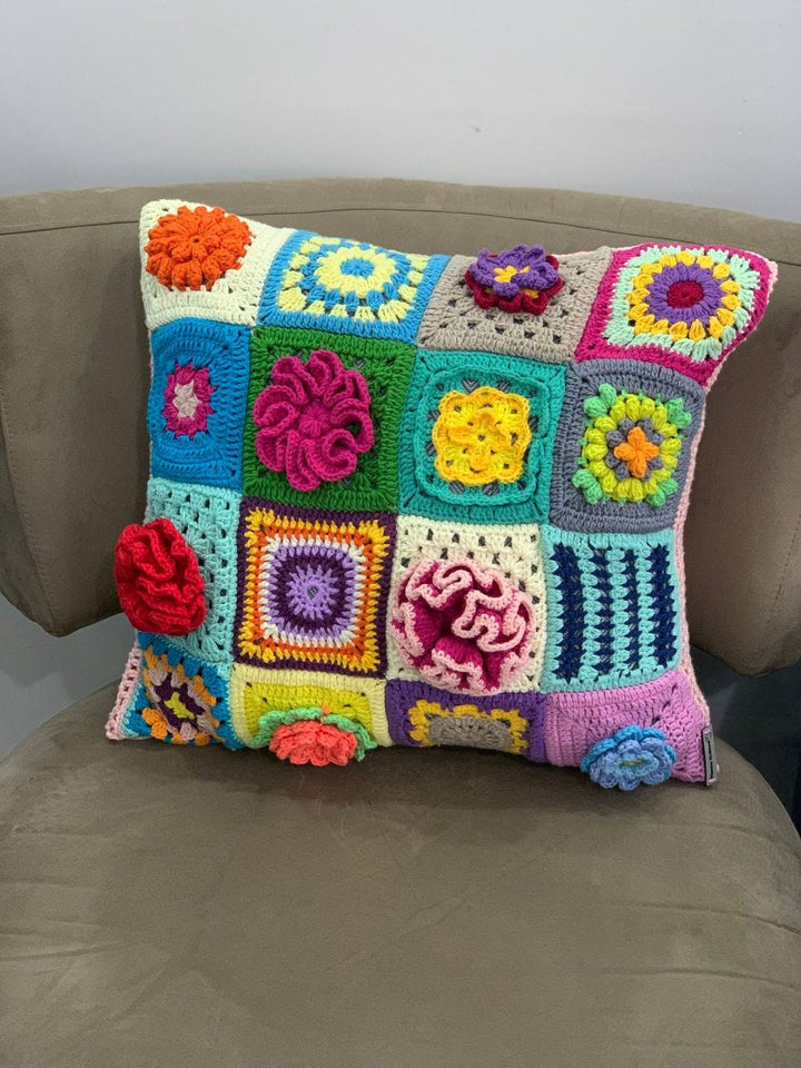 Crochet Daisy Pillow Cover Colorful, Flower Knit Pillow Cover, Granny Square Crochet Pillow Cover, Cushion Cover