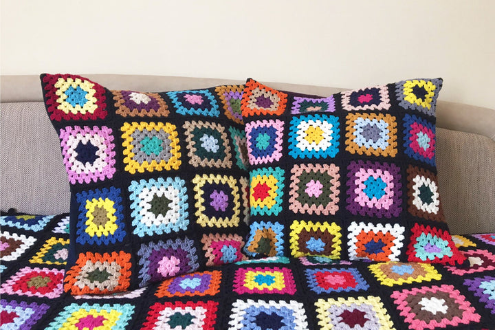 Crochet Multicolor Pillow Cover Colorful, Granny Square Crochet Pillow Cover, Cushion Cover, Granny Coloful pillow cover, Black Pillow