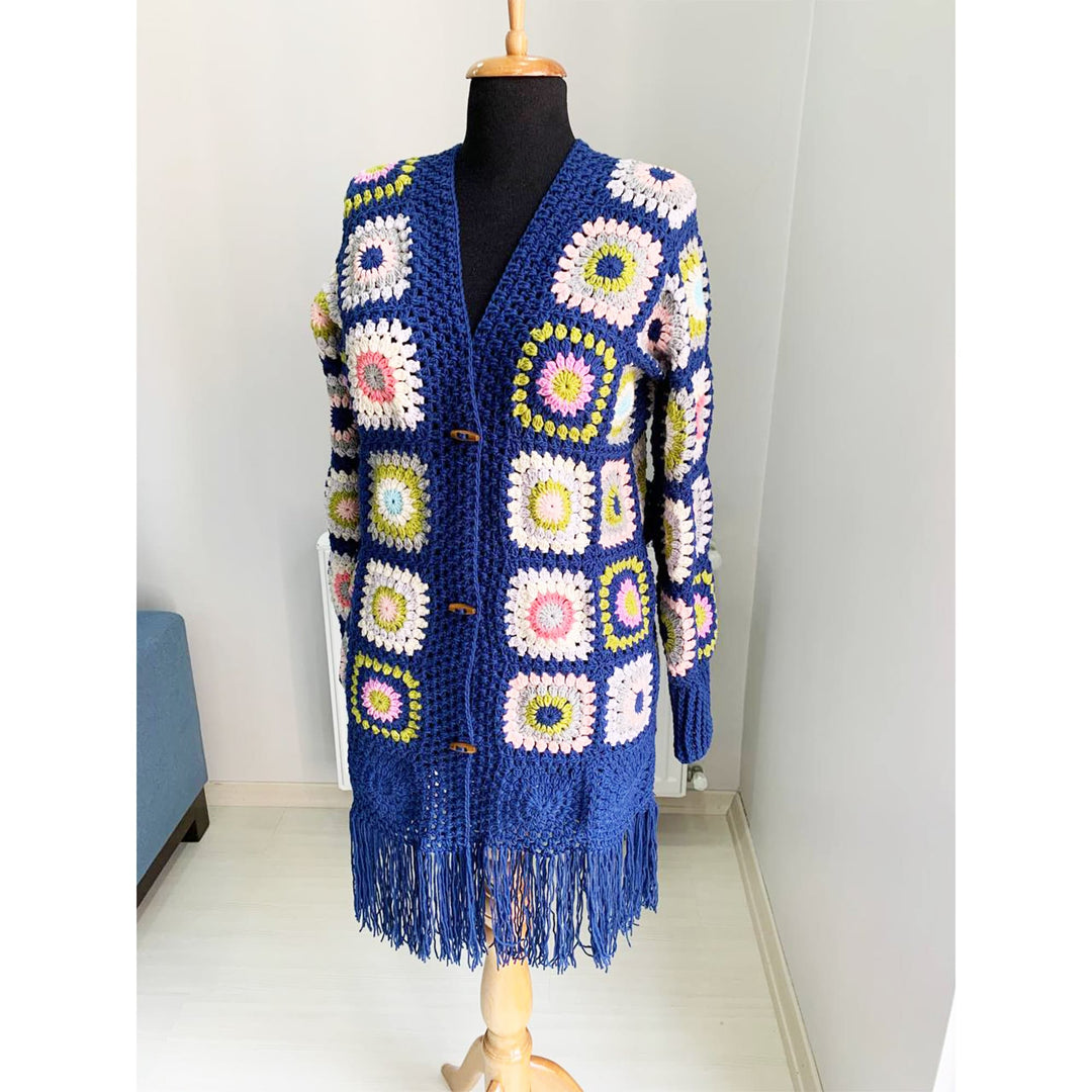 Blue Crochet Jacket, Granny Square Crochet Cardigan, Patchwork Cotton Jacket, Afghan Coat, Patchwork Cardigan, Boho Hippi, Long jacket