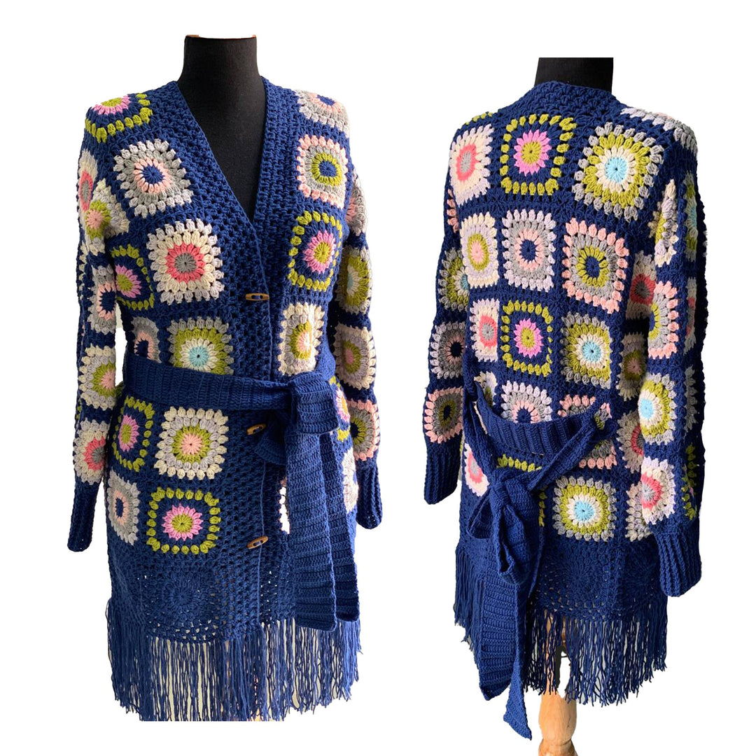 Blue Crochet Jacket, Granny Square Crochet Cardigan, Patchwork Cotton Jacket, Afghan Coat, Patchwork Cardigan, Boho Hippi, Long jacket