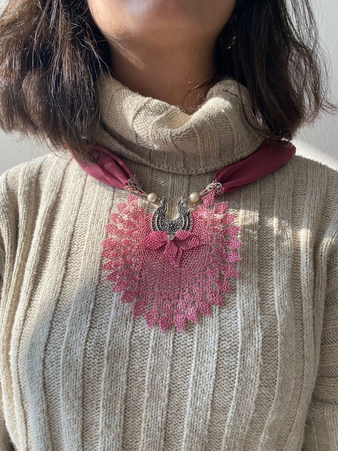 Ready to ship Pink Needle Lace Necklace, Crochet Necklace, Ottoman Needle Lace Necklace, Unique Needle lace Necklace, Traditional necklace