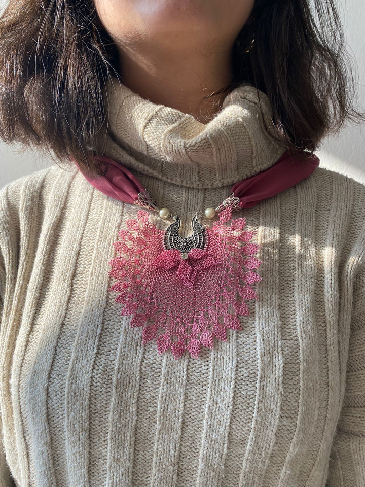 Ready to ship Pink Needle Lace Necklace, Crochet Necklace, Ottoman Needle Lace Necklace, Unique Needle lace Necklace, Traditional necklace