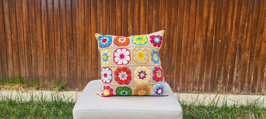 Crochet Green Daisy Pillow Cover, Granny Square Crochet Pillow Cover, Cushion Cover, Granny Coloful pillow cover