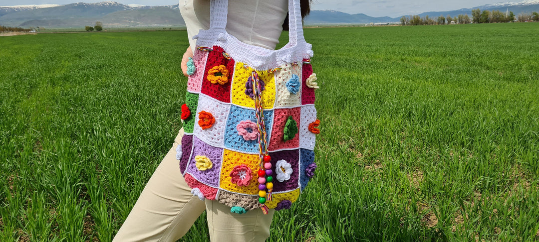 Colorful Daisy Crochet Bag, Granny Square Knit Bag, Shoulder Bag, Boho Bag, Crochet Purse, Christmas Gift