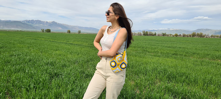 Yellow Crochet Mini Bag, Granny Square Tote Bag, Boho Bag, Crochet Purse, Knit bag