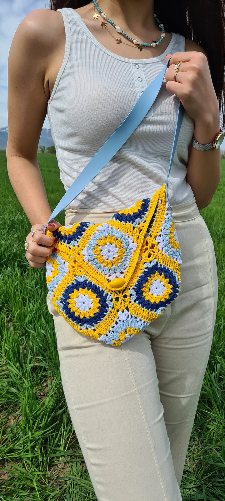 Yellow Crochet Mini Bag, Granny Square Tote Bag, Boho Bag, Crochet Purse, Knit bag