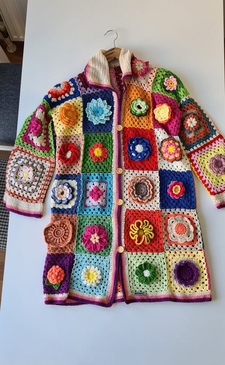 Flowers Patchwork Jacket, Granny Square Afghan Cardigan, Knitted Crochet Coat, Festival Jacket, Boho Cardigan, Long Oversized Cardigan