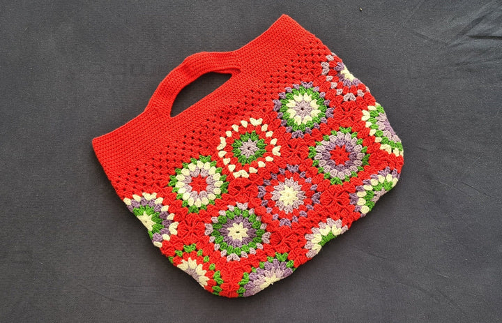 Red Mini Crochet Bag, Granny Square Bag, Crochet Purse, Knit tote Bag, Crochet Afghan Bag, Gift for Her