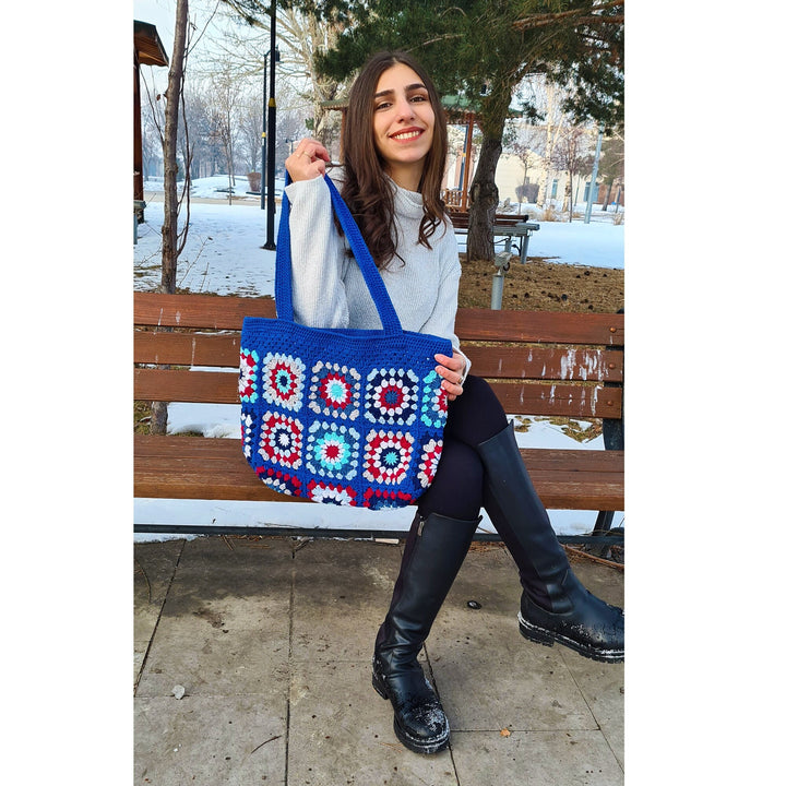 Ready to ship Crochet Blue Large Bag, Granny Square Afghan Bag, Crochet Purse, Women Bag, Knit Blue Bag, Market Bag, Gift For Her