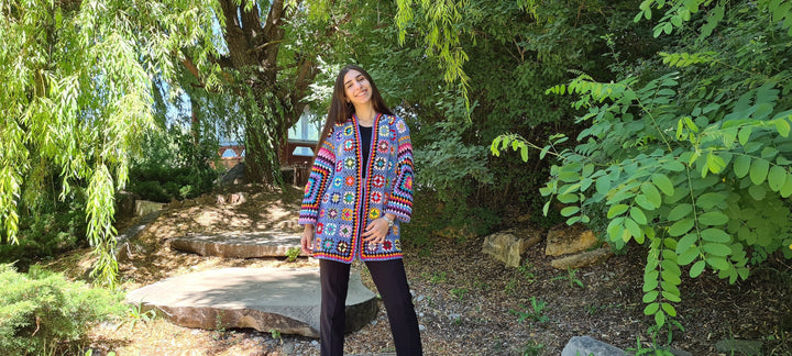 Granny Square Afghan Cardigan, Blue Crochet Afghan Coat, Knitted Crochet Jacket, Patchwork Cardigan, Boho Cardigan, Long Oversized Jacket