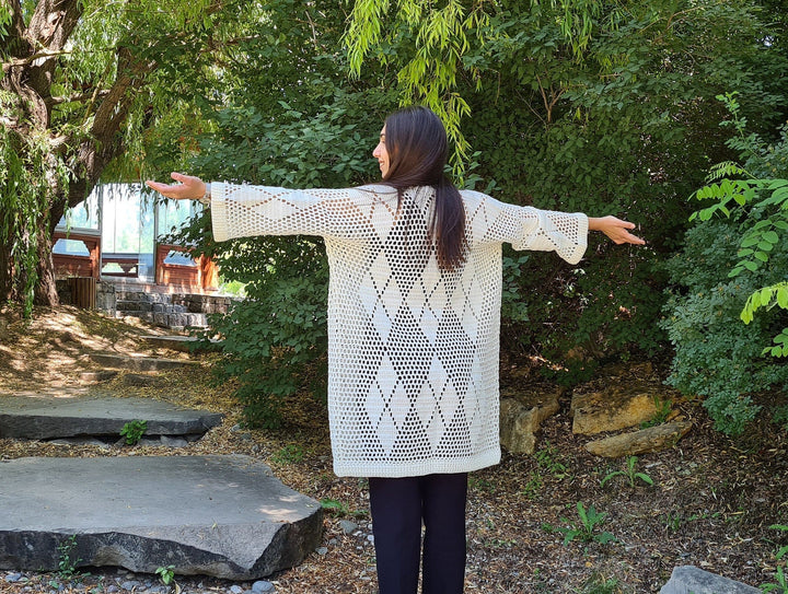 White Crochet Cardigan, Long Knit Coat, Granny square coat, Woman long dress, Summer Cardigan