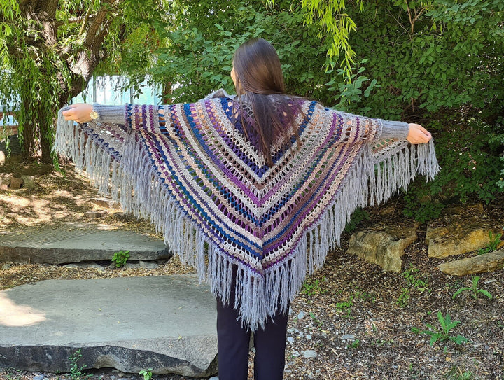 Ready to ship Crochet Poncho, Granny square Knit Poncho, Unisex Shawl, Crochet Boho Shawl, Multicolor Knit Cotton Wrap, Blanket Shawl