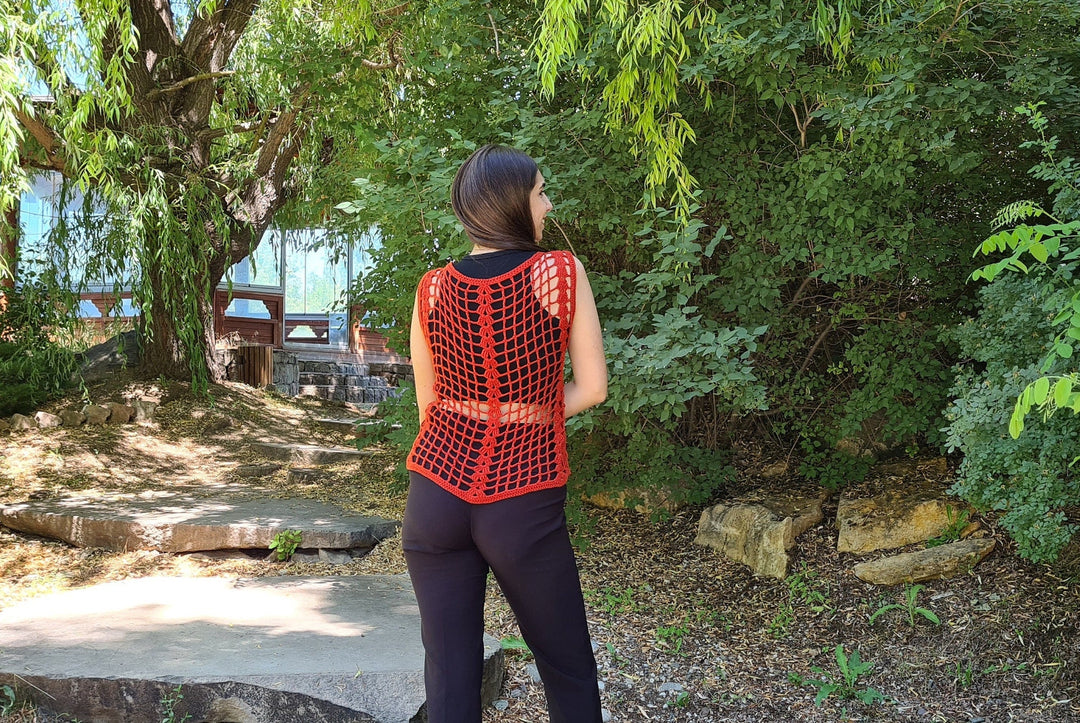 Red Crochet Woman Vest, Knitted Granny Square Vest, Knit Vest, Vintage Copper Vests, Woman Sweater, Summer Vest