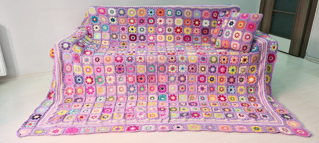 Crochet Daisy Afghan Blanket, Daisy Knitted Sofa blanket, Large Knitted blanket, Granny Square Bedspread Throw, Christmas Gift