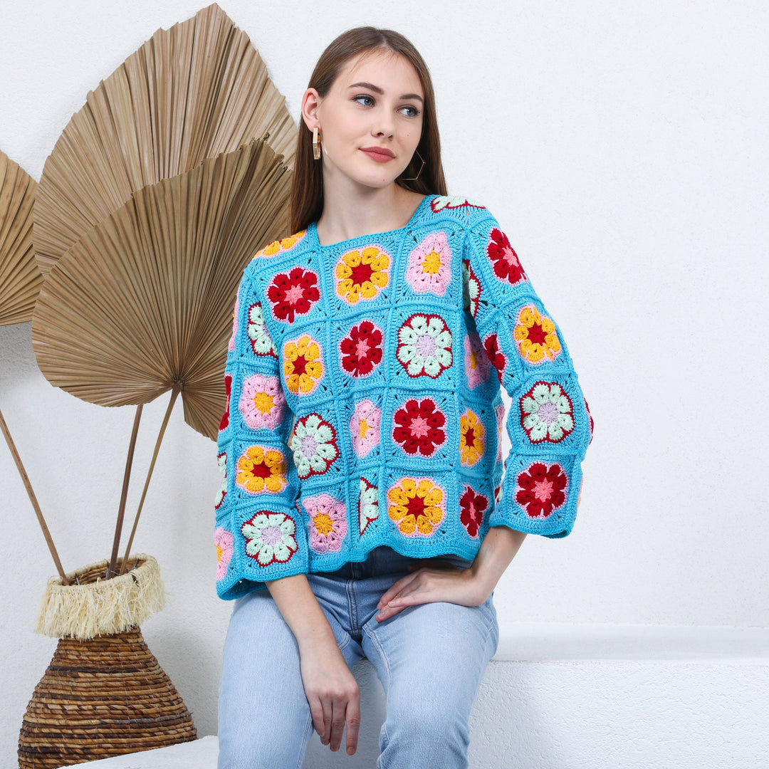 Blue Crochet Sweater, Knitted Daisy Top, Knit Floral Sweater, Crochet Sweater for Women, Patchwork Knit Sweater, Handmade Hippie Sweater