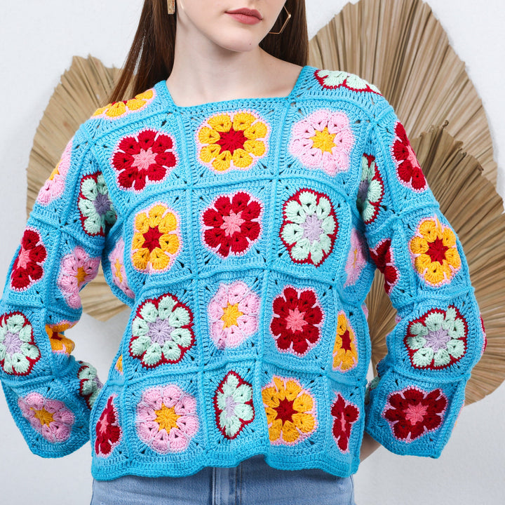 Blue Crochet Sweater, Knitted Daisy Top, Knit Floral Sweater, Crochet Sweater for Women, Patchwork Knit Sweater, Handmade Hippie Sweater