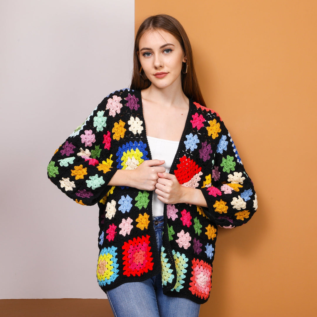 Black Patchwork cardigan, Crochet Cardigan Women, Grannysquare Afghan Coat, Knit jacket, crochet handmade, crochet coat, knitted sweater