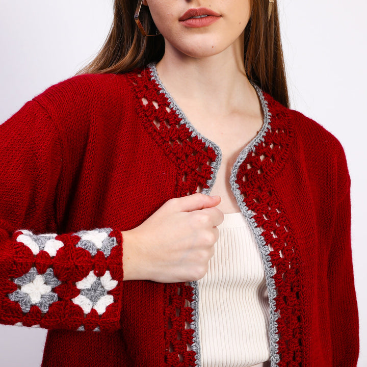 Red Crochet Cardigan, Crochet cardigan women, Knit Coat, Cardigan sweaters for women, Crochet Patchwork Jacket