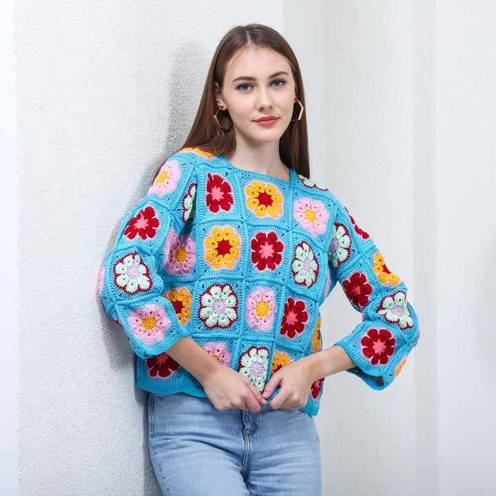 White Crochet African Flower Sweater, Crochet Daisy Top, Knit Granny Square, Sweater for Women, Patchwork Knit Sweater, Hippie Sweater