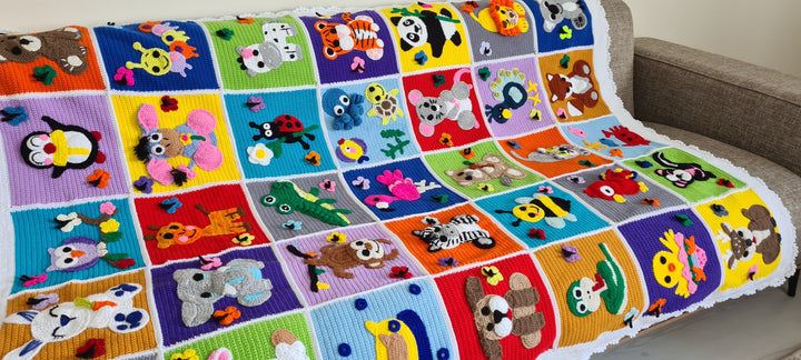 Knit Animal Newborn Blanket, Crochet Baby Blanket, Knit Safari zoo animals, Colorful Knit Baby Blanket, Baby stroller bedding