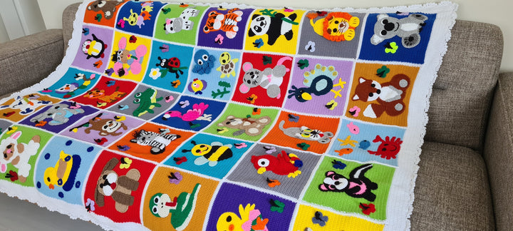 Knit Animal Newborn Blanket, Crochet Baby Blanket, Knit Safari zoo animals, Colorful Knit Baby Blanket, Baby stroller bedding