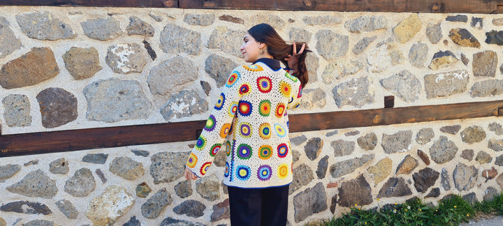 Granny square afghan cardigan, Crochet afghan sweater, ecru patchwork cardigan, boho coat, crochet cardigan, women cardigan, crochet coat