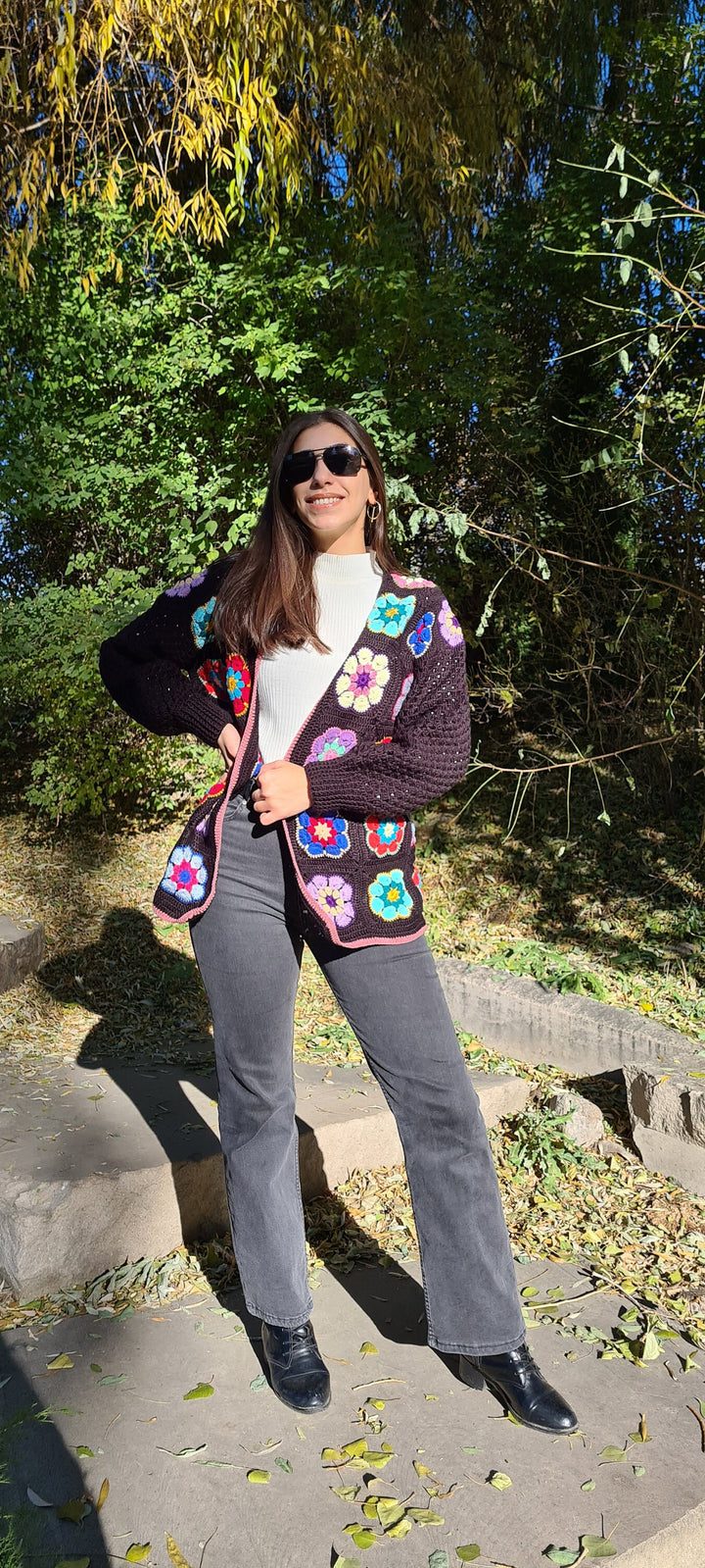 Black Crochet Afghan Cardigan, Granny Square Colorful Jacket, African Flowers Patchwork Jacket, Knitted Crochet Coat, Boho Cardigan