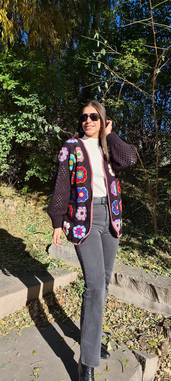 Black Crochet Afghan Cardigan, Granny Square Colorful Jacket, African Flowers Patchwork Jacket, Knitted Crochet Coat, Boho Cardigan