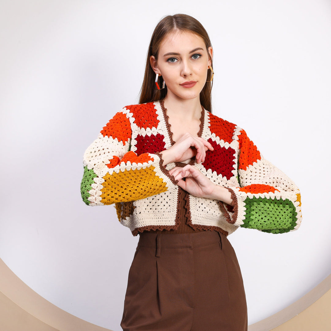 Bohem color Crochet Crop Jacket, Knitted Boho Top, Granny Square Sweater, Valentine's Day gift, Knit Patchwork Jacket