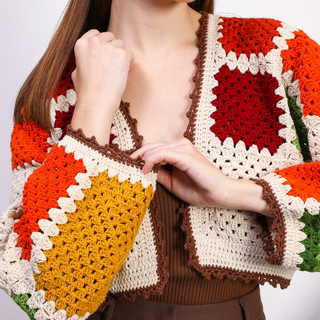 Bohem color Crochet Crop Jacket, Knitted Boho Top, Granny Square Sweater, Valentine's Day gift, Knit Patchwork Jacket