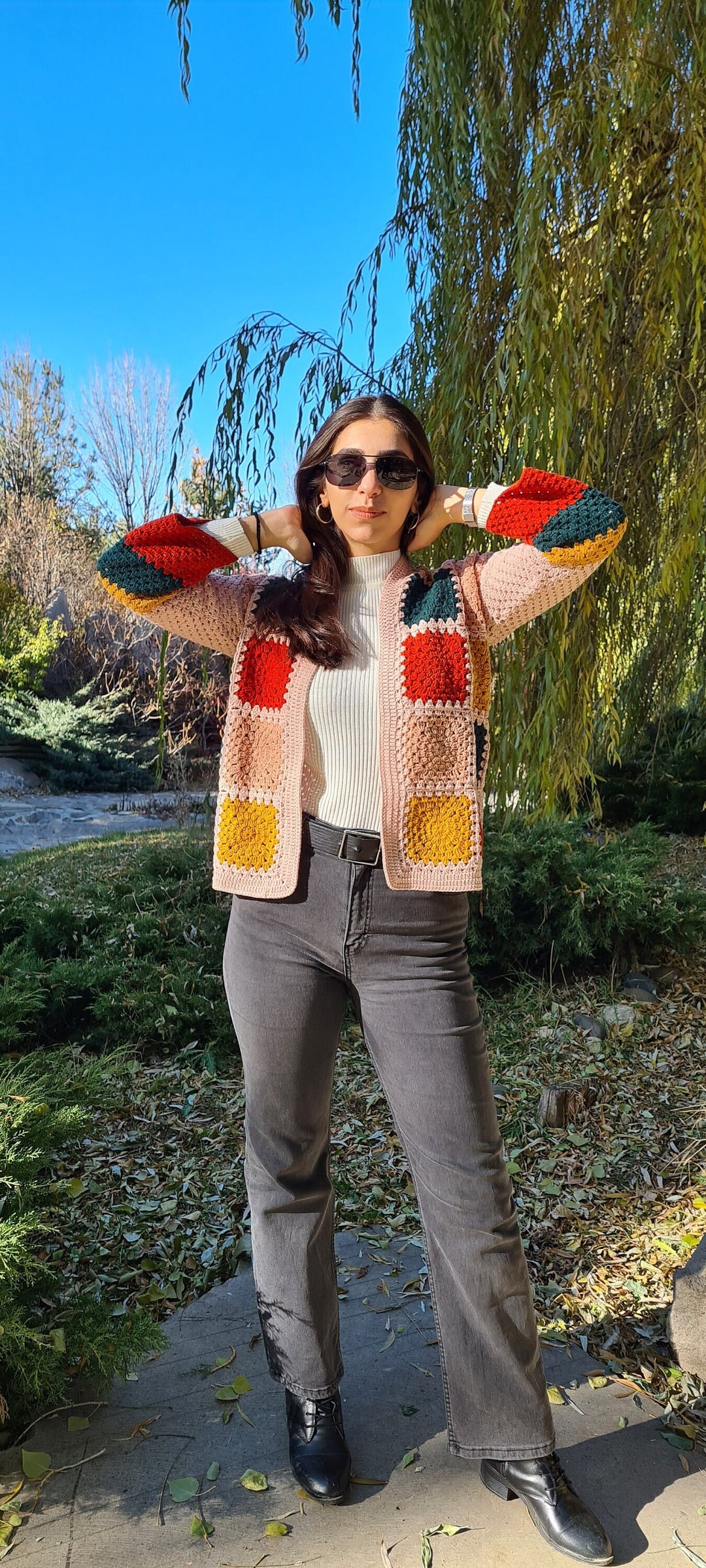 Crochet Beige Jacket, Crochet Top, Crop Jacket for women, Granny Square Sweater, Knit Patchwork Jacket, Crochet Open Cardigan, Handknit