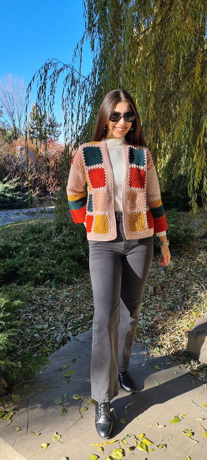 Crochet Beige Jacket, Crochet Top, Crop Jacket for women, Granny Square Sweater, Knit Patchwork Jacket, Crochet Open Cardigan, Handknit