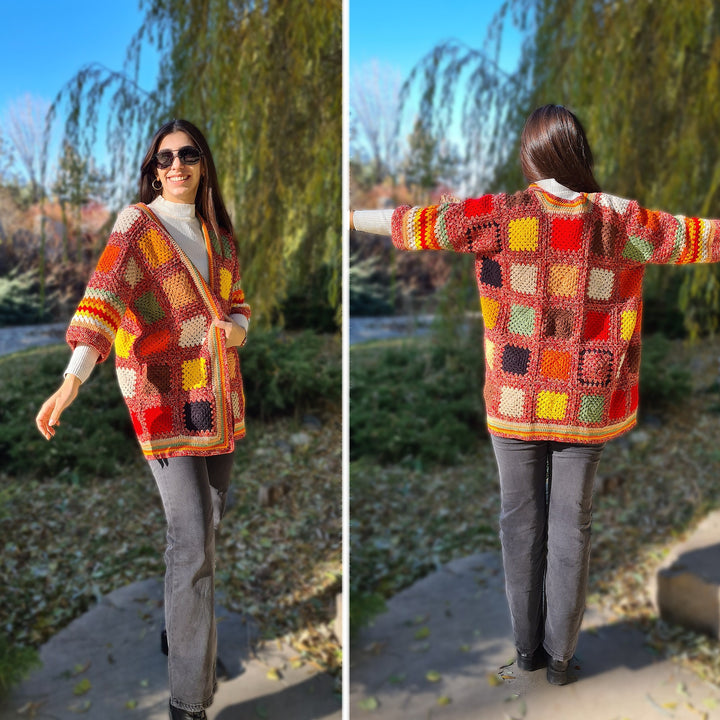 Ginger Crochet Patchwork Cardigan, Granny square Jacket, Crochet Cardigan women, Knit Coat, Cardigan sweaters for women