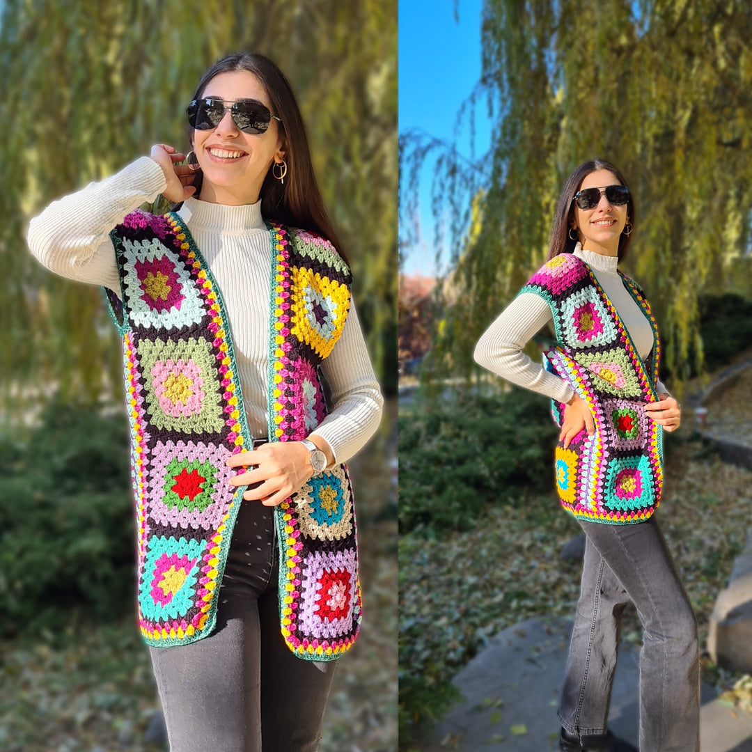 Colorful Waistcoat Tunic, Crochet Afghan Vest, Grannysquare Knit Cotton Patchwork Coat, Women Cardigan, Christmas Gift, Crochet gift