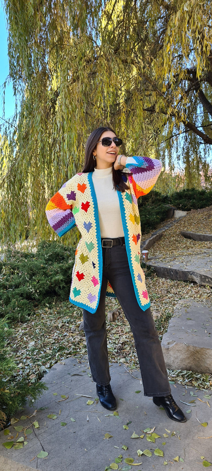 Crochet Heart Cardigan, Granny Square Heart Cardigan, love Heart Cardigan, hand knitted cardigan, crochet jacket for women