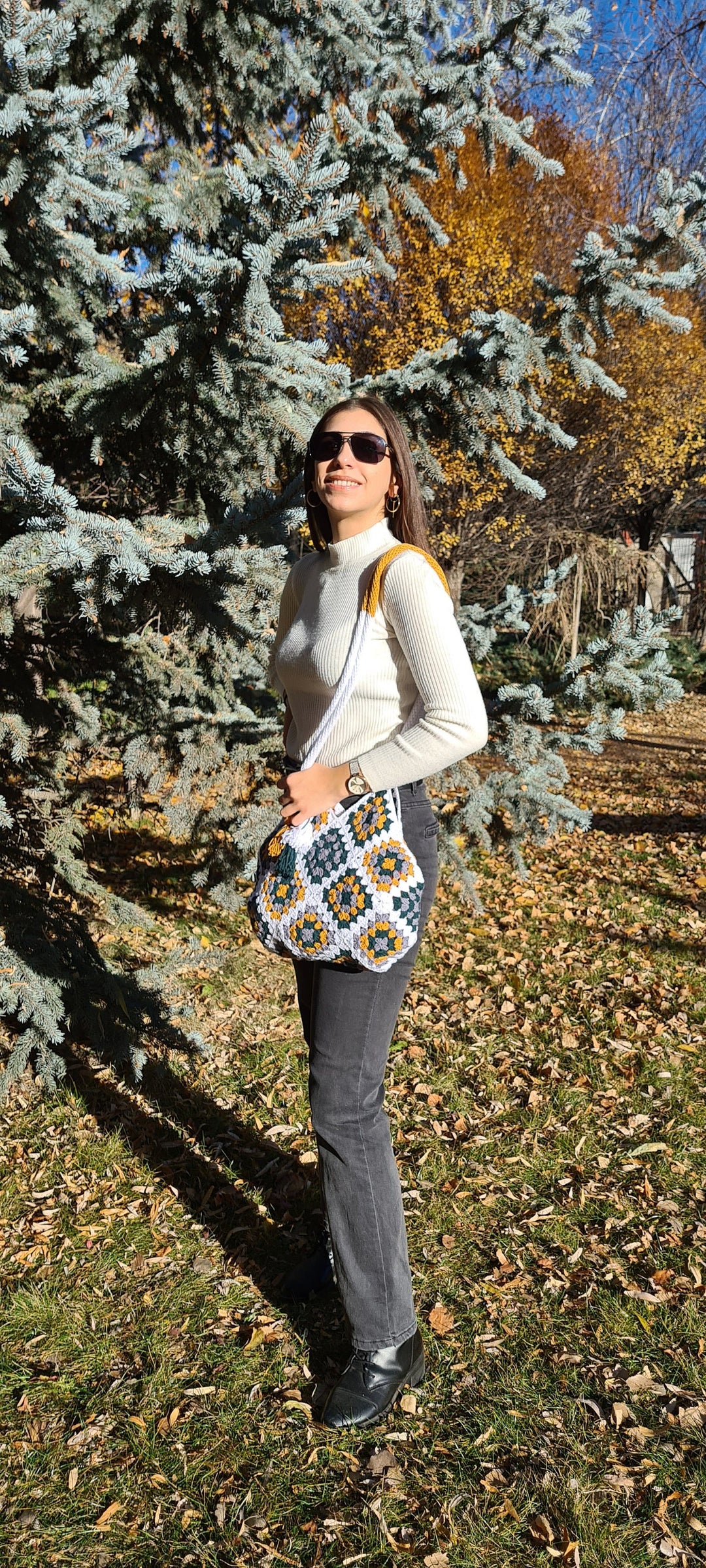 Crochet White Bag, valentines day gifts for her, Crochet Shoulder Bag, Knitted Afghan Bag, Granny Square Bag, Hobo Bag, Crochet Purse