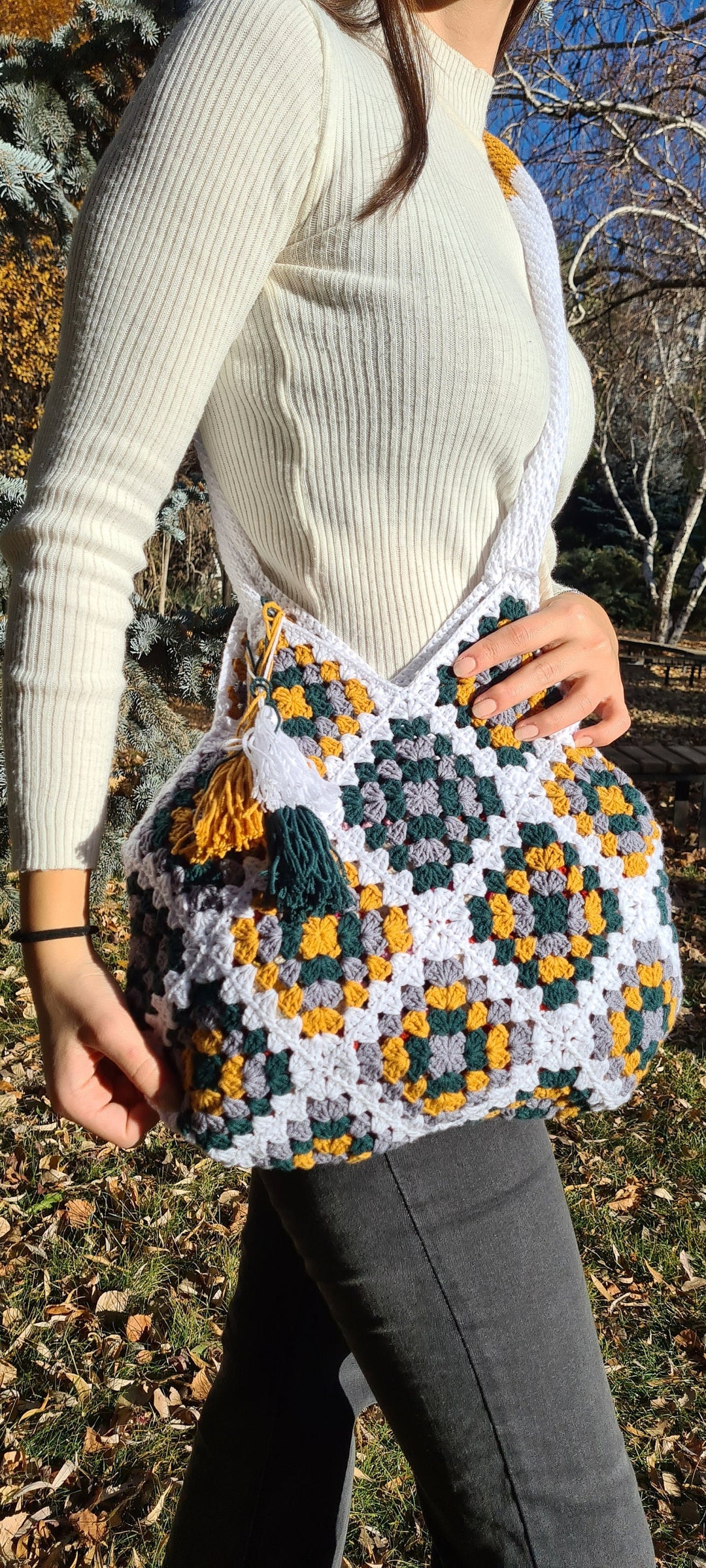 Crochet White Bag, valentines day gifts for her, Crochet Shoulder Bag, Knitted Afghan Bag, Granny Square Bag, Hobo Bag, Crochet Purse